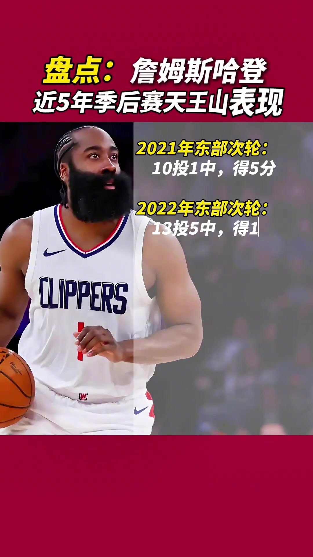 真的是心魔嗎？哈登近幾年天王山的表現(xiàn)：21年曾10中1僅5分